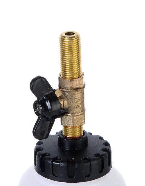 Close-up of valve on Pneumatic Brake Fluid Bleeder Tool With Four Master Cylinder Adapters 90 To 120 PSI for hands-free operation.