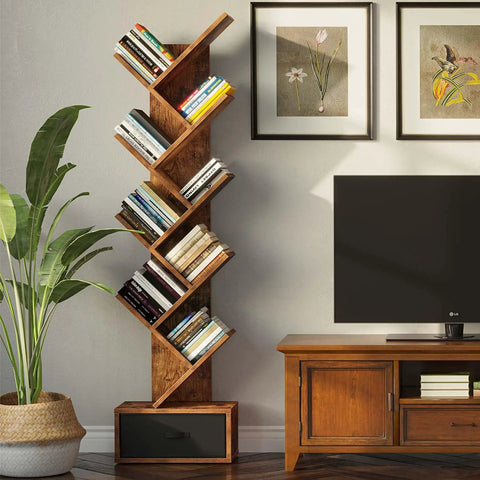 Dope Vintage Tree Bookshelf With Nine Shelves And Side Drawer, Solid Wooden Corner Storage Rack For Books Vinyl Records Decor, Rustic Brown Shelf Vibe Straight Fire Display For Your Chill Space