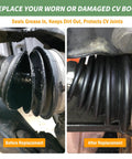 Versatile CV Axle Boot Repair Kit for 19 to 34mm Shafts showing before and after replacement of silicone CV joint boot