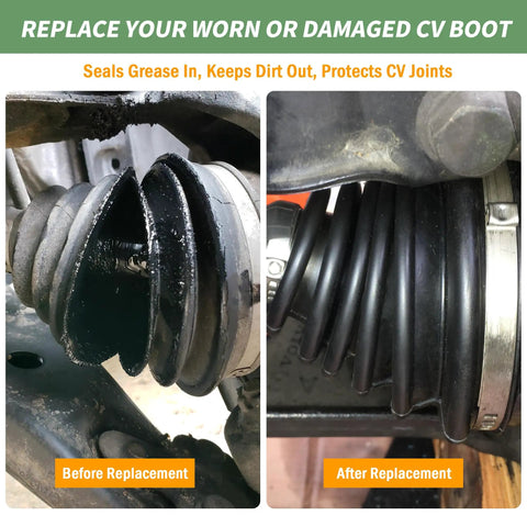 Versatile CV Axle Boot Repair Kit for 19 to 34mm Shafts showing before and after replacement of silicone CV joint boot