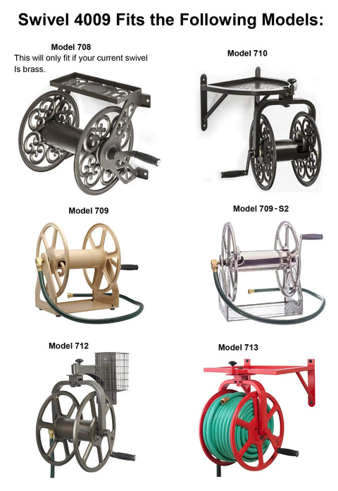 Image of various garden reels compatible with the Brass Swivel Hose Reel Replacement Part for Garden Reels Models 709 709-S2 710 712 713 and 708.