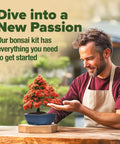 Man holding Six Heirloom Bonsai Varieties Kit With Unique Pots DIY Indoor Bonsai Starter Set with decorative red bonsai tree