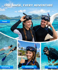 Two adults wearing Three Window Panoramic Snorkel Mask for Grown Ups with Anti Fog Scratch Resistant PC Lenses and Liquid Silicone Skirt.