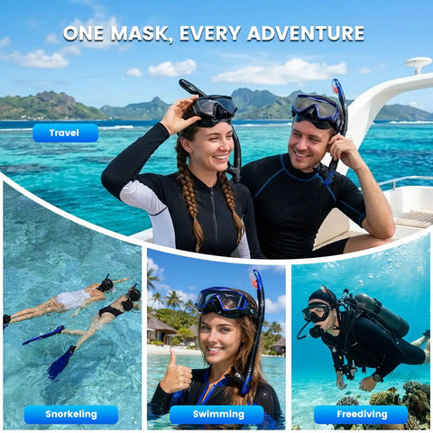 Two adults wearing Three Window Panoramic Snorkel Mask for Grown Ups with Anti Fog Scratch Resistant PC Lenses and Liquid Silicone Skirt.