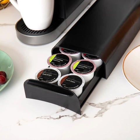 Black Single Serve Coffee Pod Organizer Drawer for Grab and Go Mornings Holds 12 Pods under coffee maker on counter.