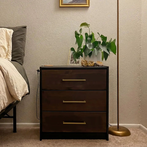 Nightstand with 10 Pack 5 Inch Solid Cabinet Handles Champagne Bronze Cabinet Pulls for Kitchen Drawers in bedroom.