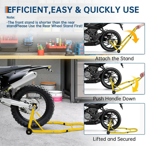 900 Lbs Front And Rear Universal Motorcycle Stand Lift For Most Sport And Dirt Bikes Yellow Portable Bike Stand With Adjustable Brackets Fits Yamaha Honda Kawasaki Suzuki BMW And More shown lifting a bike in a garage.