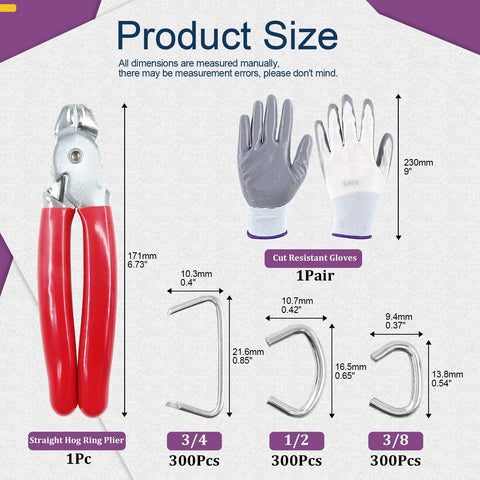 Image showing 900 Pcs Galvanized Hog Rings Three Quarters Inch One Half Inch Three Eighths Inch Assorted Kit with Pliers and Gloves.