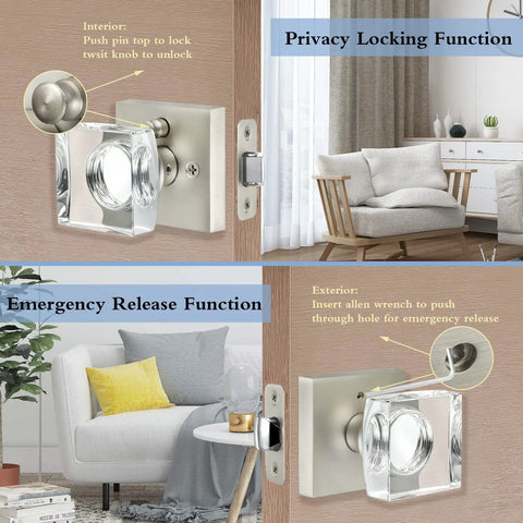 Must Have Crystal Door Knob With Lock Satin Nickel Finish For Bathroom And Bedroom Privacy With Emergency Release Inside Thumb Turn And Privacy Key Outside