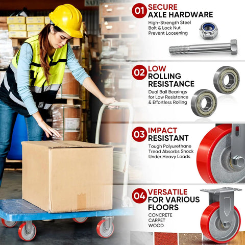 Heavy Duty 5 Inch Swivel Casters Set Of Four With Cast Iron Core And Polyurethane Tread Make Heavy Loads Roll Like Butter Supports 550 Lbs Per Wheel Leave Zero Scuff Marks On Concrete Workshop Floors Silent Smooth Glide with secure axle hardware.