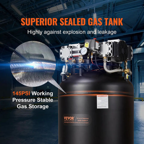 Quiet Badass 80 Gallon Air Compressor 6.5 HP Oil Free Tank with 145 PSI gas storage and superior sealed tank.