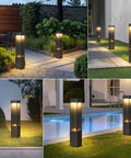 Hella Bright Black Pathway Lights Outdoor Landscape Bollard Lamps With Waterproof Led Warm Glow For Yard Glow Up Hardwired Aluminum Lawn Posts illuminating garden paths and poolside.
