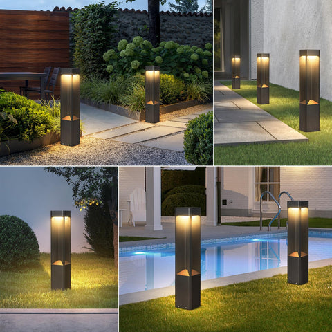 Hella Bright Black Pathway Lights Outdoor Landscape Bollard Lamps With Waterproof Led Warm Glow For Yard Glow Up Hardwired Aluminum Lawn Posts illuminating garden paths and poolside.