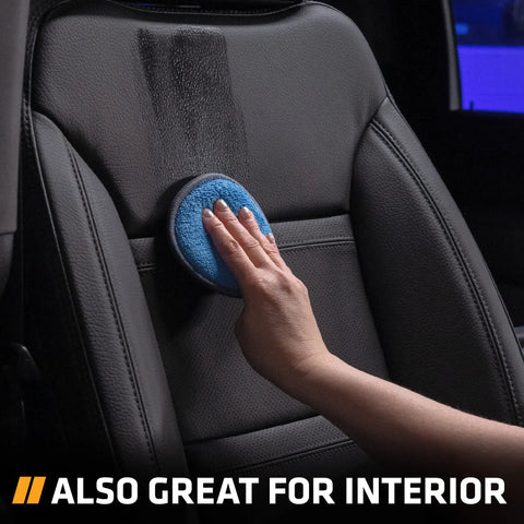 Four Pack Five Inch Blue And Gray Microfiber Polishing Pads For Car Detailing Smooth Even Application Of Wax Polish And Tire Shine