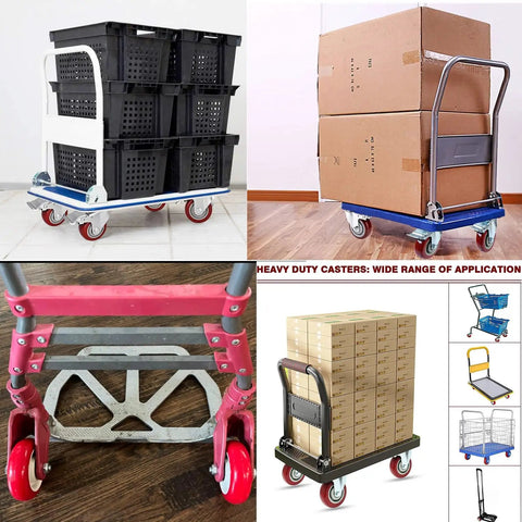 Image showing Red 3 Inch Caster Wheels Set 4 Pack Beefed Up Heavy Duty Plate Mount Replacement For Carts Shelves And Platforms Up To 264 Lbs Each Wheel Double Ball Bearing Smooth Roll in various applications with carts and loads.