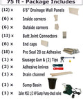 75 Ft Basement Waterproofing System Nailed-Down Baseboard Drainage Setup Includes components such as drainage panels and a sump pump.