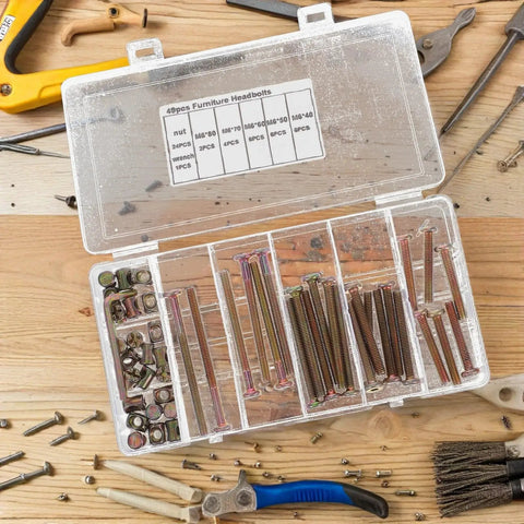 49 Piece M6 40 to 80mm Hex Socket Screw and Barrel Nut Set for Furniture Repair, home improvement tools on wooden table.