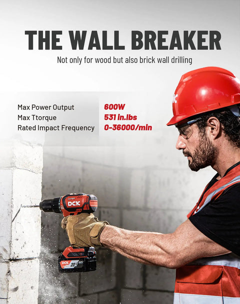 Beast Mode 20V Brushless Hammer Drill Kit With 531 In-Lbs Torque in use on brick wall by man in safety gear