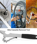 Collage showing Bike Cassette Removal Tool Pro Grade Sprocket Remover Wrench with Long Handle and its use on bike wheels.