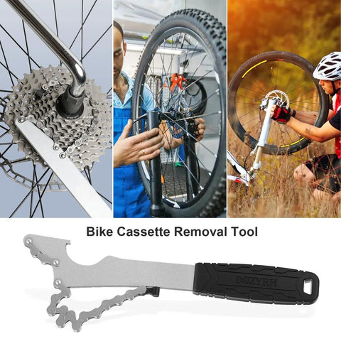 Collage showing Bike Cassette Removal Tool Pro Grade Sprocket Remover Wrench with Long Handle and its use on bike wheels.