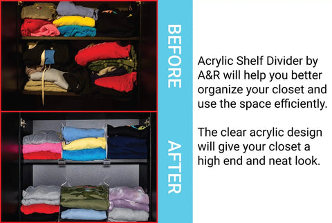 Before and after using 8 Pack Acrylic Shelf Dividers for Closet Organization to neatly stack clothes.