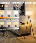 Cordless Battery Powered Floor Lamp With Remote Control Dimmable Tripod Lamp With Three Color Temperature LED Linen Fabric Shade Mid Century Modern Style For Living Room And Bedroom LED Bulb Included