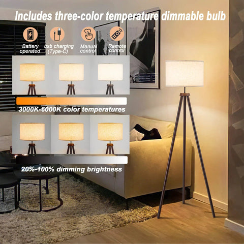 Cordless Battery Powered Floor Lamp With Remote Control Dimmable Tripod Lamp With Three Color Temperature LED Linen Fabric Shade Mid Century Modern Style For Living Room And Bedroom LED Bulb Included