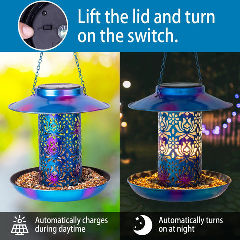 Solar Bird Feeder For Outdoors Hanging Lantern With S Hook Weatherproof Metal Feeder Lights Up At Night And Is Water Resistant Cardinals Garden Decor In Blue