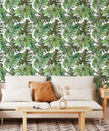 Tropical Peel And Stick Wallpaper Jungle Palm Leaf Green Vinyl Wall Covering 17.7 Inch By 393.7 Inch in living room setting