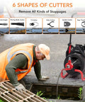 100Ft Electric Drain Cleaner Machine With Auto Feed Direction Control Sewer Snake And Heavy Duty Pro Grade Auger shown in action with six cutters.