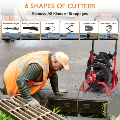100Ft Electric Drain Cleaner Machine With Auto Feed Direction Control Sewer Snake And Heavy Duty Pro Grade Auger shown in action with six cutters.