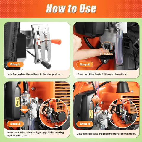 Instruction steps for using Gas Powered Backpack Sprayer Fogger With 3.7 Gallon Tank, 41.5cc 2 Stroke Engine for gardening and farming.