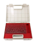 Open storage case with Pin Gage Set With Storage Case In Bearing Steel For Measuring Holes, 190 Pieces Ranging 0.061 To 0.250 Inches, Pro Grade High Precision 0.0002 Inch Tolerance, Each Gauge Two Inches Long.