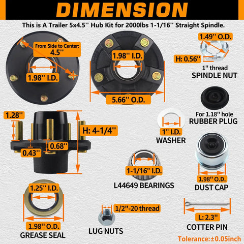 Dimensions of Two Pack Heavy Duty Trailer Hub Kit For Five Lug On Four Point Five Inch Bolt Pattern On 2000 Lb Axles