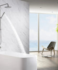 Brushed Nickel Retrofit Shower System With 9 Inch Rain Shower Head drill-free install, featured in a modern bathroom setting.