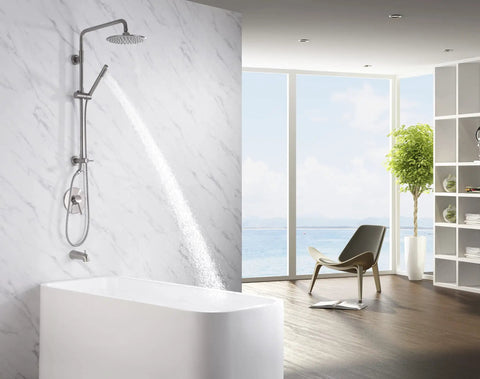 Brushed Nickel Retrofit Shower System With 9 Inch Rain Shower Head drill-free install, featured in a modern bathroom setting.