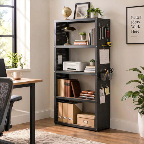Heavy Duty Five Tier Storage Shelves With Sturdy Built In Pegboard Backing And A Serious Heavy Hitter Garage Shelving System That Moves Big Boxes Without Breaking A Sweat At All in a bright office setting.