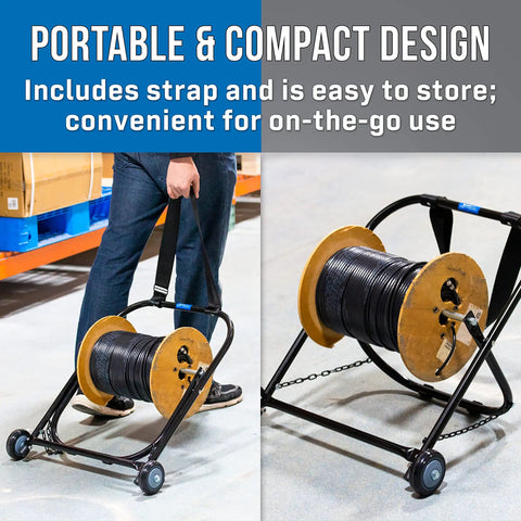 Heavy Duty Steel Cable Caddy With Wheels And Pull Strap, Holds Reels Up To 20 Inch Diameter And 100 Lb Capacity, Black, in use.