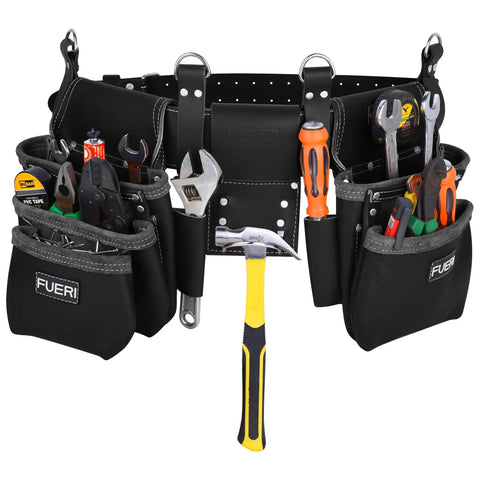 Heavy Duty Full Grain Leather Tool Belt For Men With 17 Pockets Carpenter Rig Organizer Hammer Holder And Foam Padded Belt
