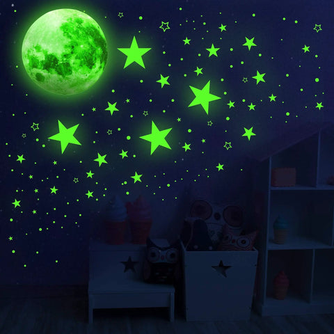 Glowing wall with 1086 Piece Glow In The Dark Stars And Moon Wall Decals Set For Ceiling And Walls Solar System Galaxy Kids Bedroom