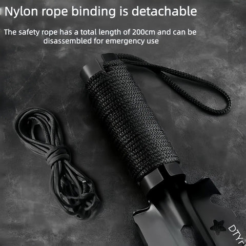 Ultra Lightweight Nine In One Camping Shovel Multitool with nylon rope binding, handle detail showing texture and detachability feature