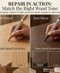 12 Color Furniture Touch Up Markers Wood Scratch Repair Kit For Cabinets Floors Tables Trim showing light and dark wood tone application.