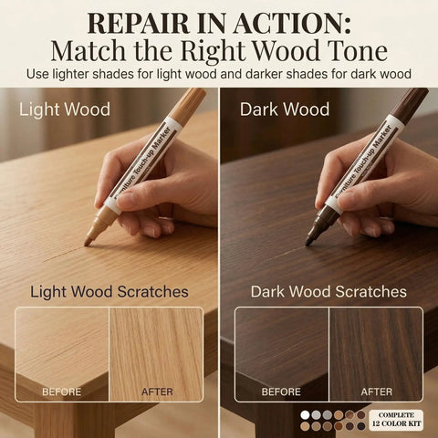 12 Color Furniture Touch Up Markers Wood Scratch Repair Kit For Cabinets Floors Tables Trim showing light and dark wood tone application.