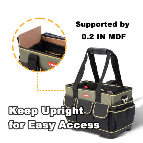 15 Inch Tote Tool Bag Organizer For Electricians And HVAC Pros With 33 Pockets Waterproof Molded Base, upright view