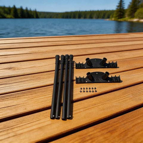 Hella Solid Folding Replacement Table Legs With Adjustable Height Support Stand For Outdoor Camping And Backyard Hangouts Quick Telescoping Locks Plus Heavy Duty Nylon Brackets For Easy Setup On Bumpy Dirt on wooden surface by lake.