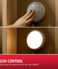 Tap Light Battery Operated Soft White Wireless Puck Light Push On Off No Fuss No Wires Compact And Portable For Under Cabinets Closets