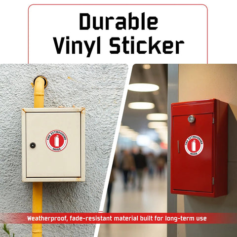 Fire Extinguisher Inside Sticker 6 Pack 2.75 Inch With Ultra Strong Adhesive Weatherproof Decals installed on cabinets