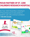 Image showing ShowerMaxx partnership with St. Jude Children's Research Hospital, including donation details and patient artwork.