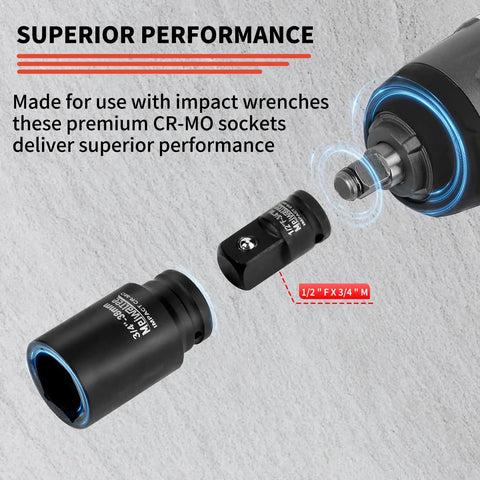 Half Inch Drive Deep Impact Socket Set, 20-Piece Metric Socket Kit From 10mm To 24mm With 3, 5, And 10 Inch Extension Bars, Chrome Molybdenum Steel With Black Phosphate Coating, Heavy Duty Impact Grade, showing attachment to impact wrench.