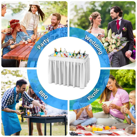 Collage showing events like party, wedding, BBQ, picnic, with a central view of a Folding Ice Cooler Table With Skirt And Drain Hose Portable Self Serving Beverage Bar For Parties Picnics Barbecues Outdoor Events White Keeps Drinks Cold On The Go